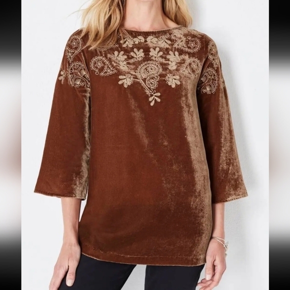 J.Jill Luxurious Velvet Embroidered Bell-Sleeve Top Sz M - Picture 1 of 9